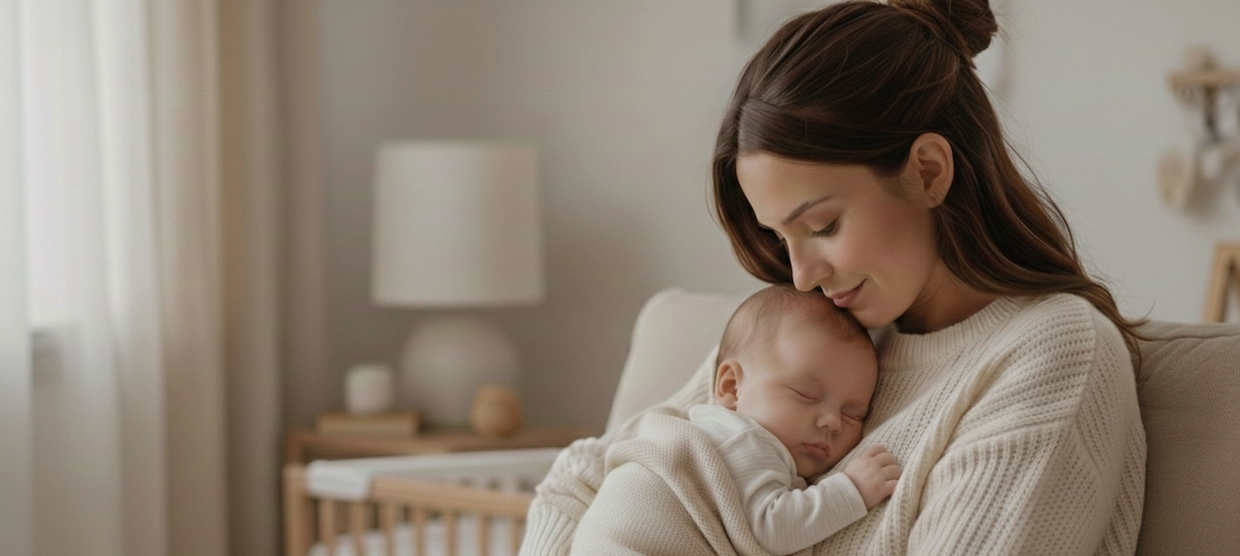 Madre abrazando a su bebé representando la seguridad y el cuidado en Crecer Con Sentido.